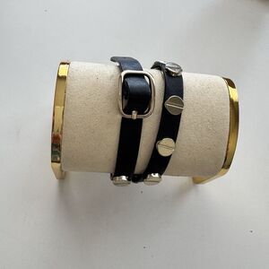 Express Black Faux Leather Bracelet Double Gold Screw Stud Wrap Belt Buckle NEW